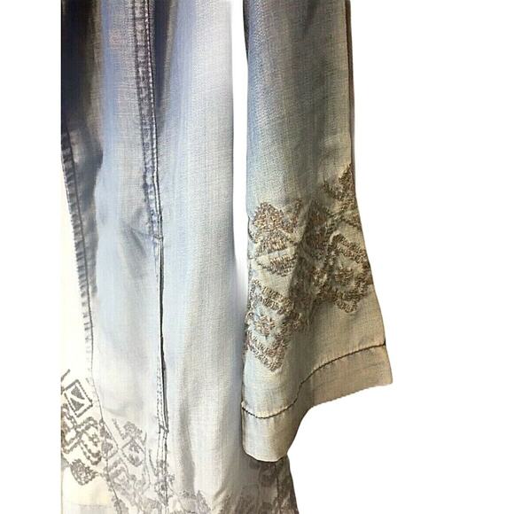 Chicos 0 US 4 Dip Dye Chambray Tunic Jacket Blue Ombre Embroidered Open Front - Picture 5 of 12